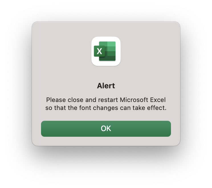 Excel Alert after changing font size on Mac